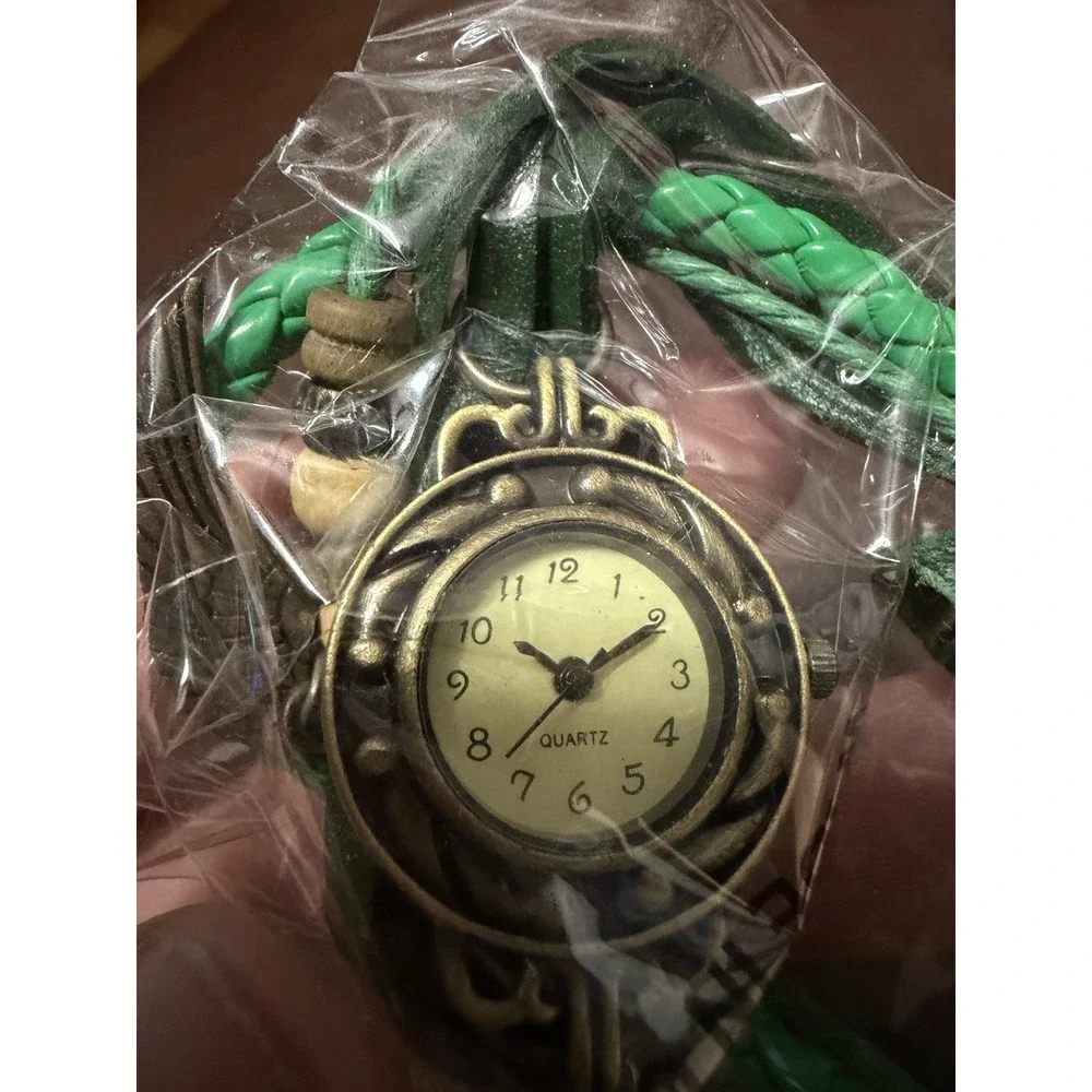 Vintage Style Green Braided Faux Leather Strap Quartz Watch Bronze Tone‎ Case